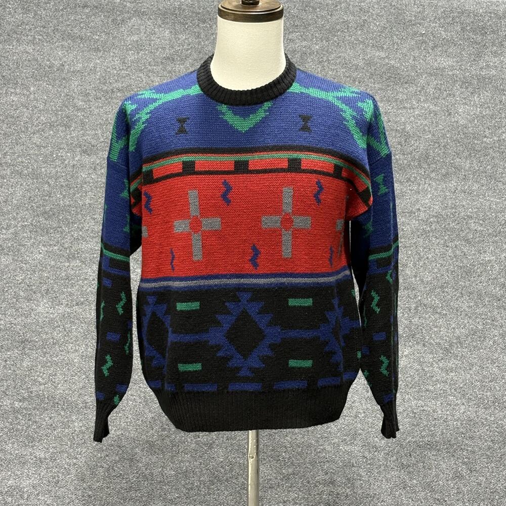 VINTAGE Christopher Hayes Sweater Mens Medium Blue Red Italy Southwestern 90s